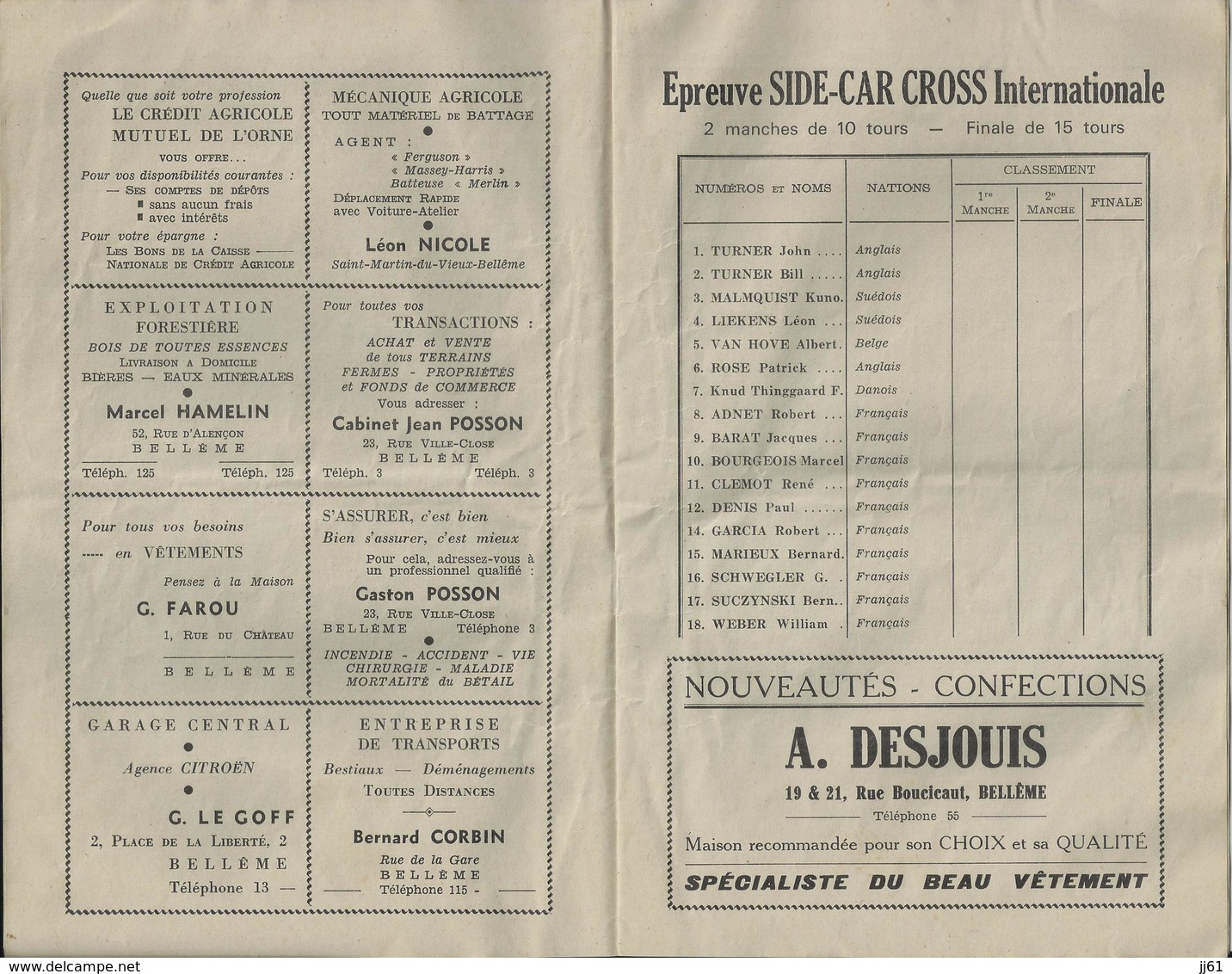 BELLEME PROGRAMME OFICIEL MOTO CROSS INTERNATIONAL SIDE CAR JUILLET 1965 PUBLICITE POSSON NICOLE HAMELIN BAL GODARD - Programmes