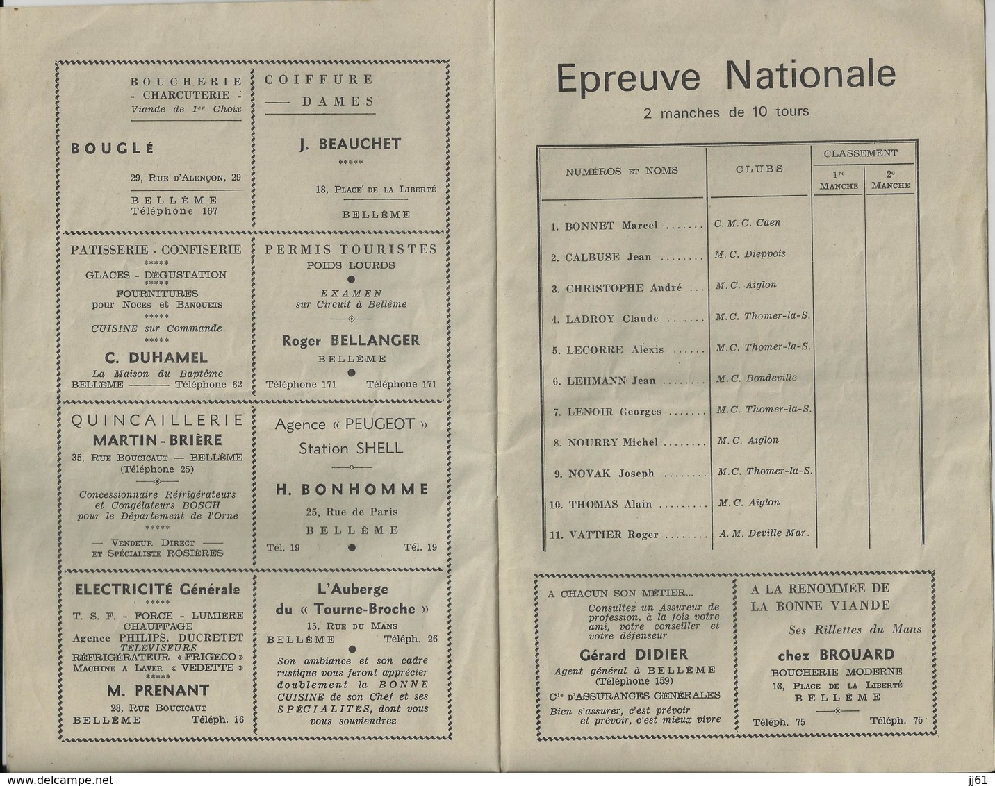 BELLEME PROGRAMME OFICIEL MOTO CROSS INTERNATIONAL SIDE CAR JUILLET 1965 PUBLICITE POSSON NICOLE HAMELIN BAL GODARD