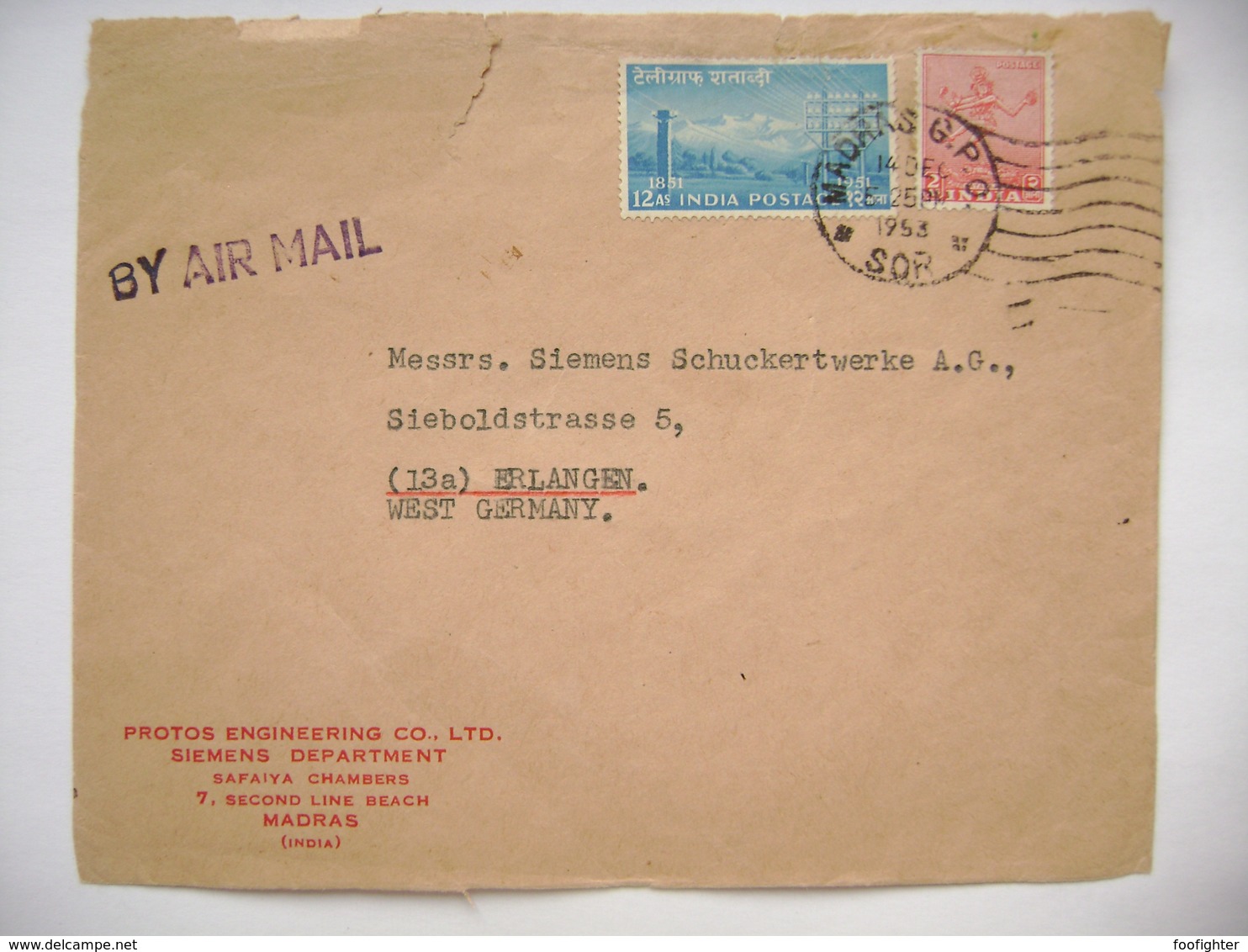 India 1953 - Front Side From Commercial Letter Only - MADRAS To Erlangen Germany - Covers & Documents
