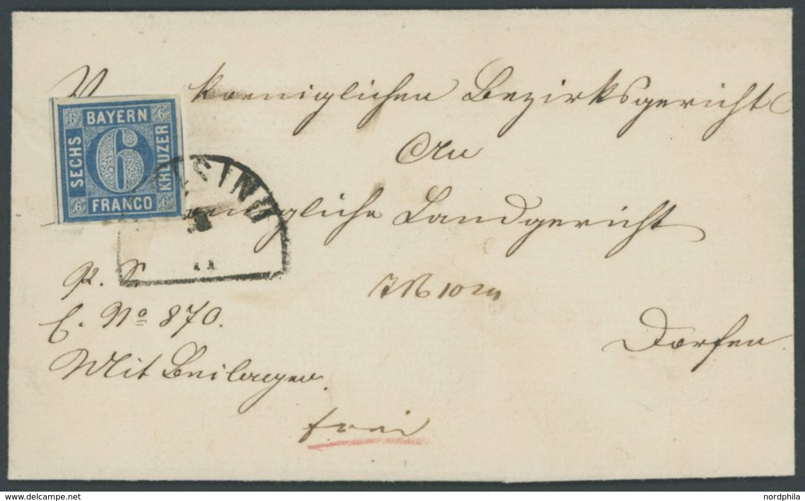 BAYERN 10 BRIEF, 1862, 6 Kr. Blau, Breitrandig Auf Brief Mit Seltenem Segmentstempel FREISING, Prachtbrief, Gepr. Schmit - Sonstige & Ohne Zuordnung