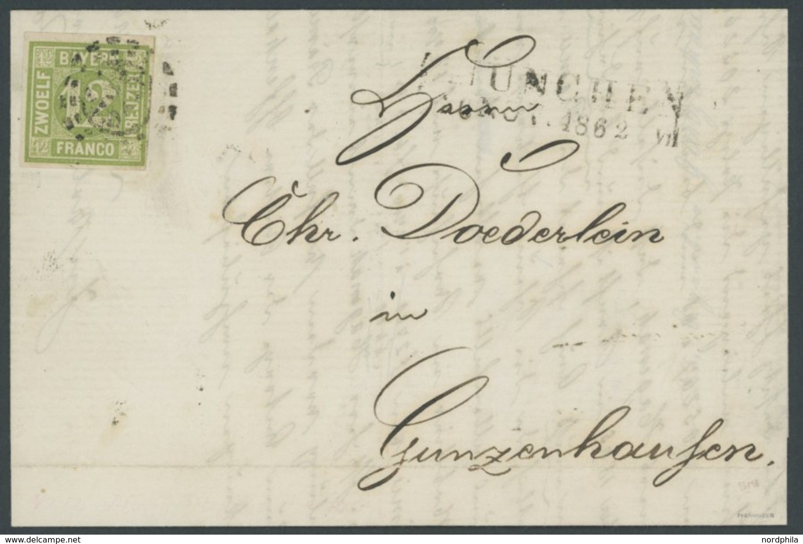 BAYERN 12 BRIEF, 1865, 12 Kr. Dunkelgelbgrün Mit Offenem MR-Stempel 325 Als Einzelfrankatur Nach Gunzenhausen, Prachtbri - Other & Unclassified