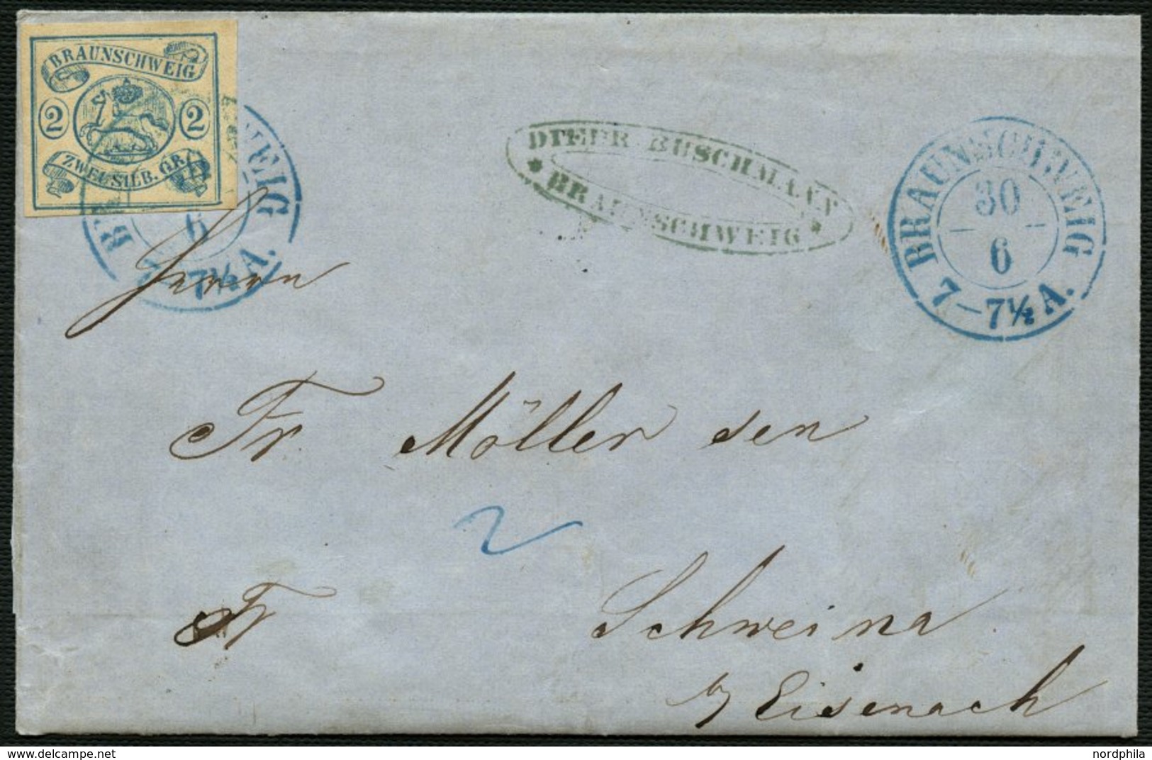 BRAUNSCHWEIG 2 BRIEF, 1864, 2 Sgr. Lebhaftpreußischblau, Kabinettbrief Von BRAUNSCHWEIG Mit Blauem K2 Nach Schweina, Sig - Braunschweig