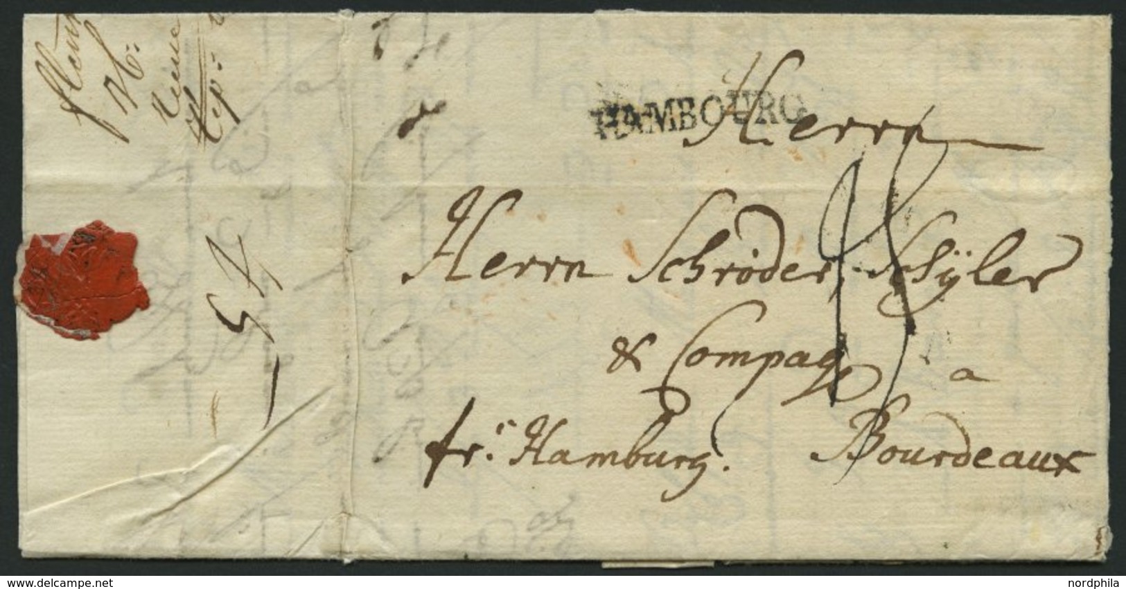 HAMBURG VORPHILA 1780, HAMBOURG, L1 Durchgangsstempel Auf Brief Von Flensburg Nach Bordeaux, Pracht - Prephilately
