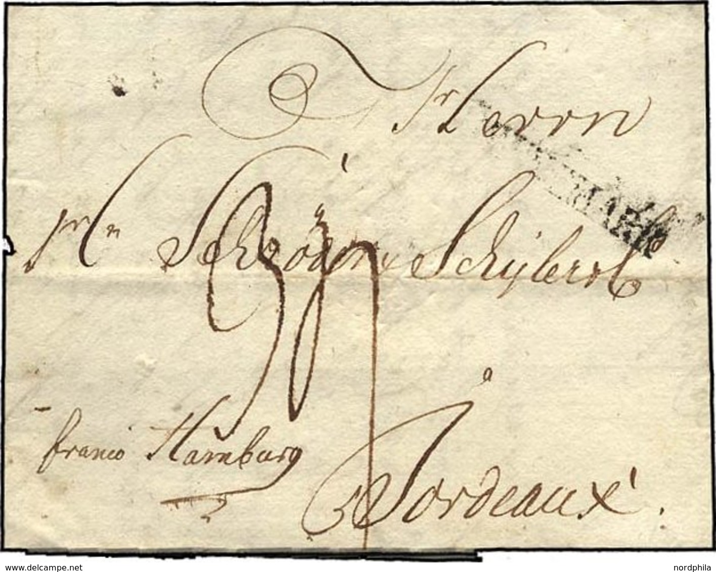 HAMBURG VORPHILA 1793, DAENNEMARK, L1 Auf Brief Von Flensburg Nach Bordeaux, Handschriftlich Franco Hamburg, Feinst - Vorphilatelie