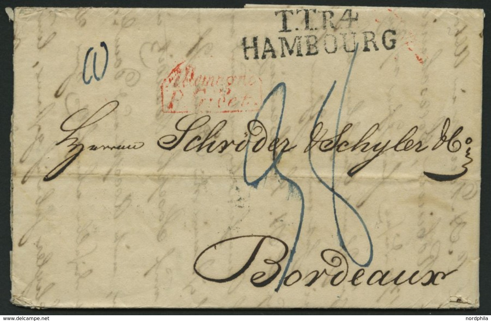 HAMBURG - THURN UND TAXISCHES O.P.A. 1829, TT.R.4 HAMBOURG, L2 Auf Brief Nach Bordeaux, Roter Französicher Stempel Und R - Vorphilatelie