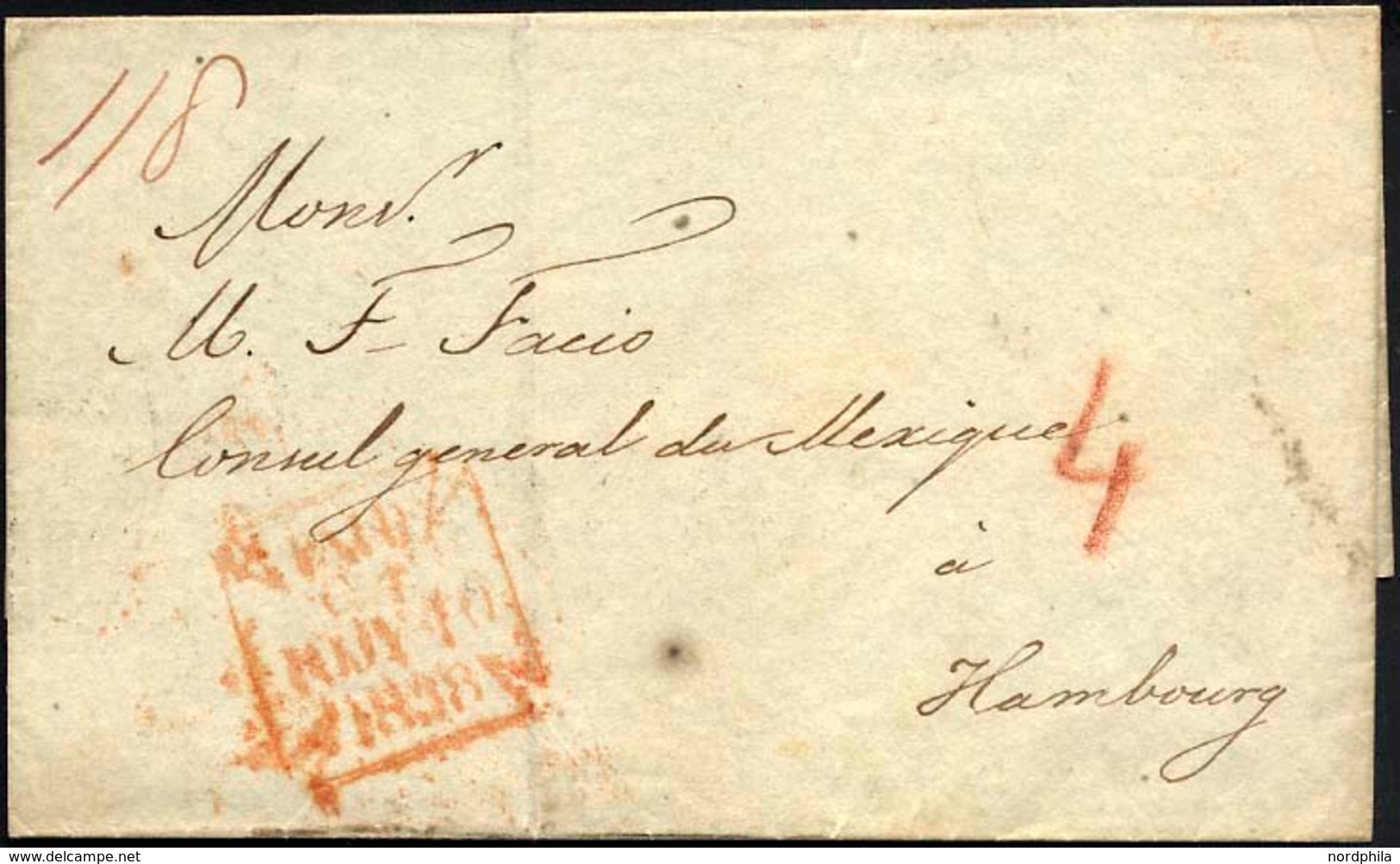 HAMBURG - GRENZÜBERGANGSSTEMPEL 1838, PAID..., Roter R4 Auf Briefhülle Von London An Das Mexikanische Generalkonsulat In - Vorphilatelie