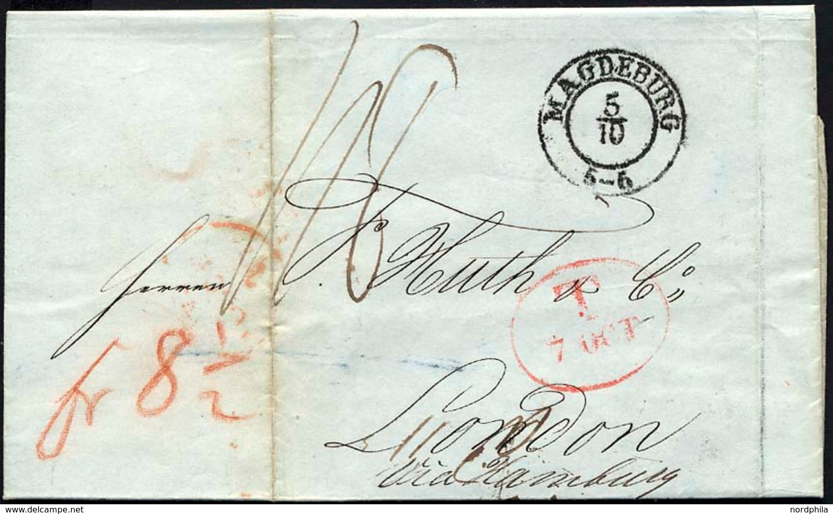 HAMBURG 1842, T 7 OCT, Rote Sonderform Auf Brief Von Magdeburg (K2) Via Hamburg Nach London, Rückseitiger Durchgangsstem - Prefilatelia