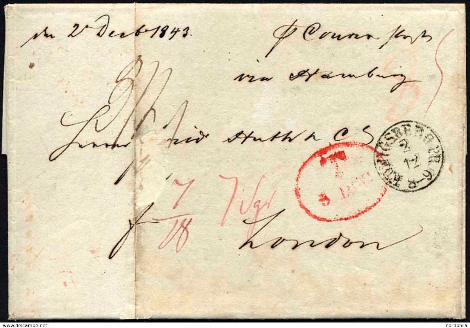 HAMBURG - GRENZÜBERGANGSSTEMPEL 1843, T 5 DEC, In Rot Auf Brief Von KÖNIGSBERG (K1) Nach London, Rückseitiger Durchgangs - Vorphilatelie