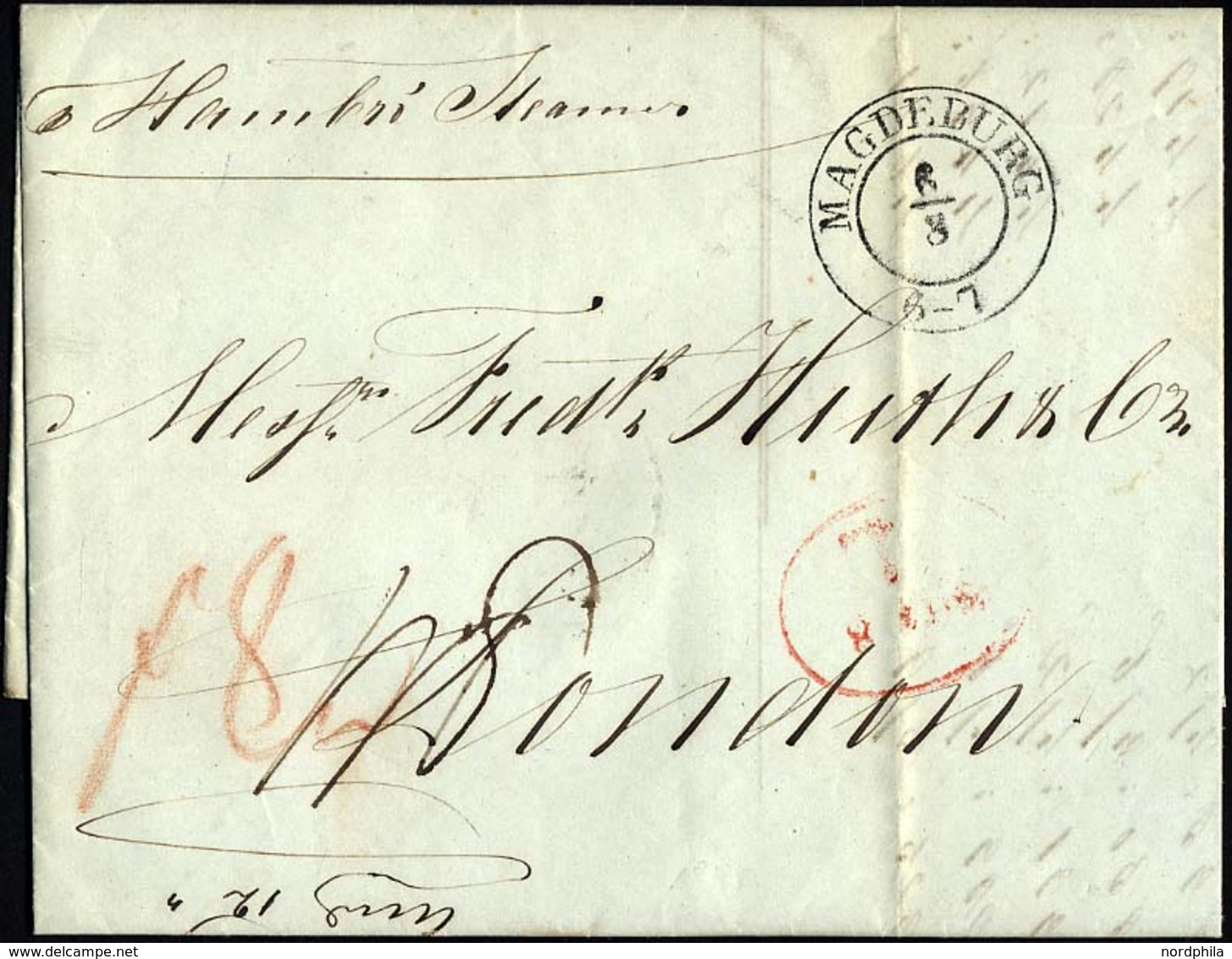 HAMBURG - GRENZÜBERGANGSSTEMPEL 1845, T 8 AUG, In Rot Auf Brief Von Magdeburg (K2) Nach London, Handschriftlich Hamburg  - Vorphilatelie