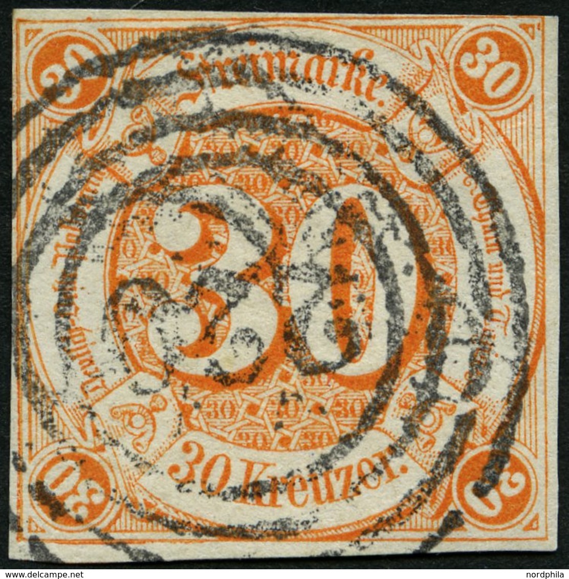THURN Und TAXIS 25 O, 1859, 30 Kr. Orange, Nummernstempel 220, Oben Rechts Minimal Tangiert Sonst Allseits Vollrandig, P - Sonstige & Ohne Zuordnung