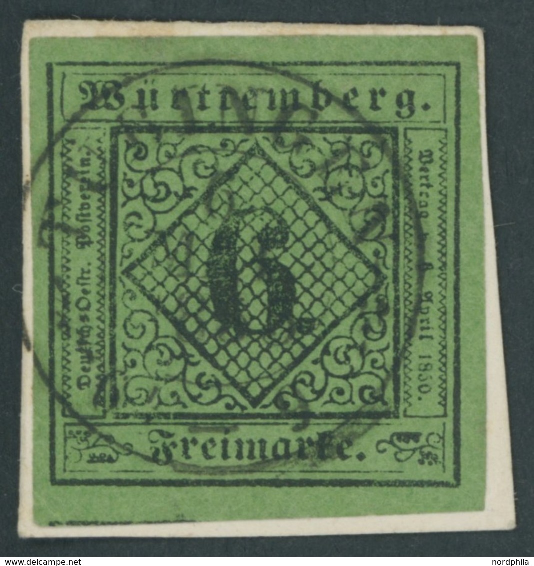 WÜRTTEMBERG 4b BrfStk, 1851, 6 Kr. Schwarz Auf Blaugrün, Type III, K2 TÜBINGEN, Kabinettbriefstück - Sonstige & Ohne Zuordnung