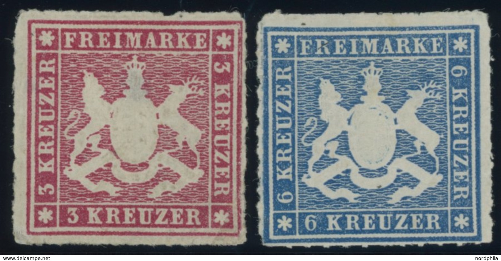 WÜRTTEMBERG 31/2a *, 1865, 3 Kr. Rosa Und 6 Kr. Blau, Falzreste, Dünne Stellen, Farbfrisch, Bildseitig Pracht, Mi. 420.- - Sonstige & Ohne Zuordnung