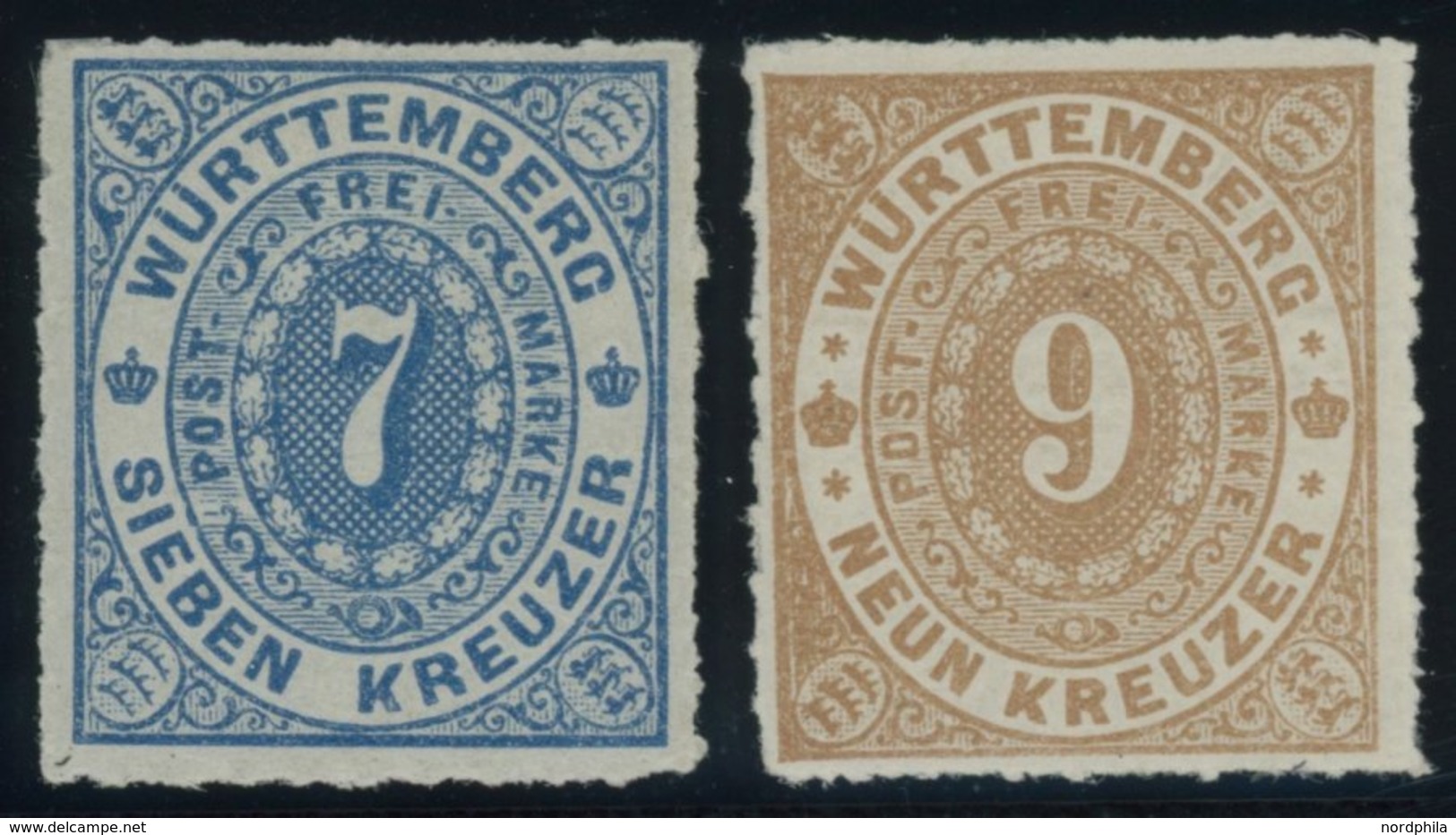 WÜRTTEMBERG 39,40a *, 1869/73, 7 Kr. Blau Und 9 Kr. Hellbraun, Falzrest, 2 Farbfrische Prachtwerte, Mi. 185.- - Sonstige & Ohne Zuordnung