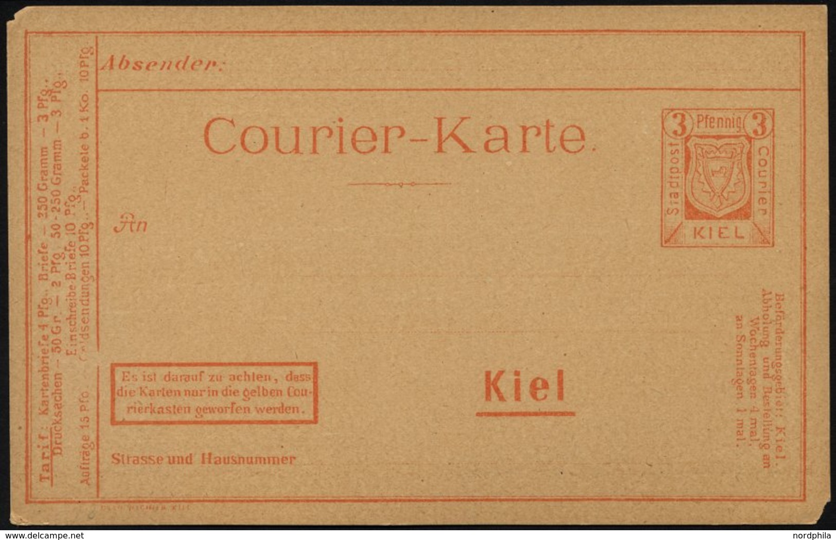 KIEL A P 20 BRIEF, COURIER: 1899, 3 Pf. Orange Einschreib-Briefe 10 Pf., Ungebraucht, Karte Feinst - Posta Privata & Locale