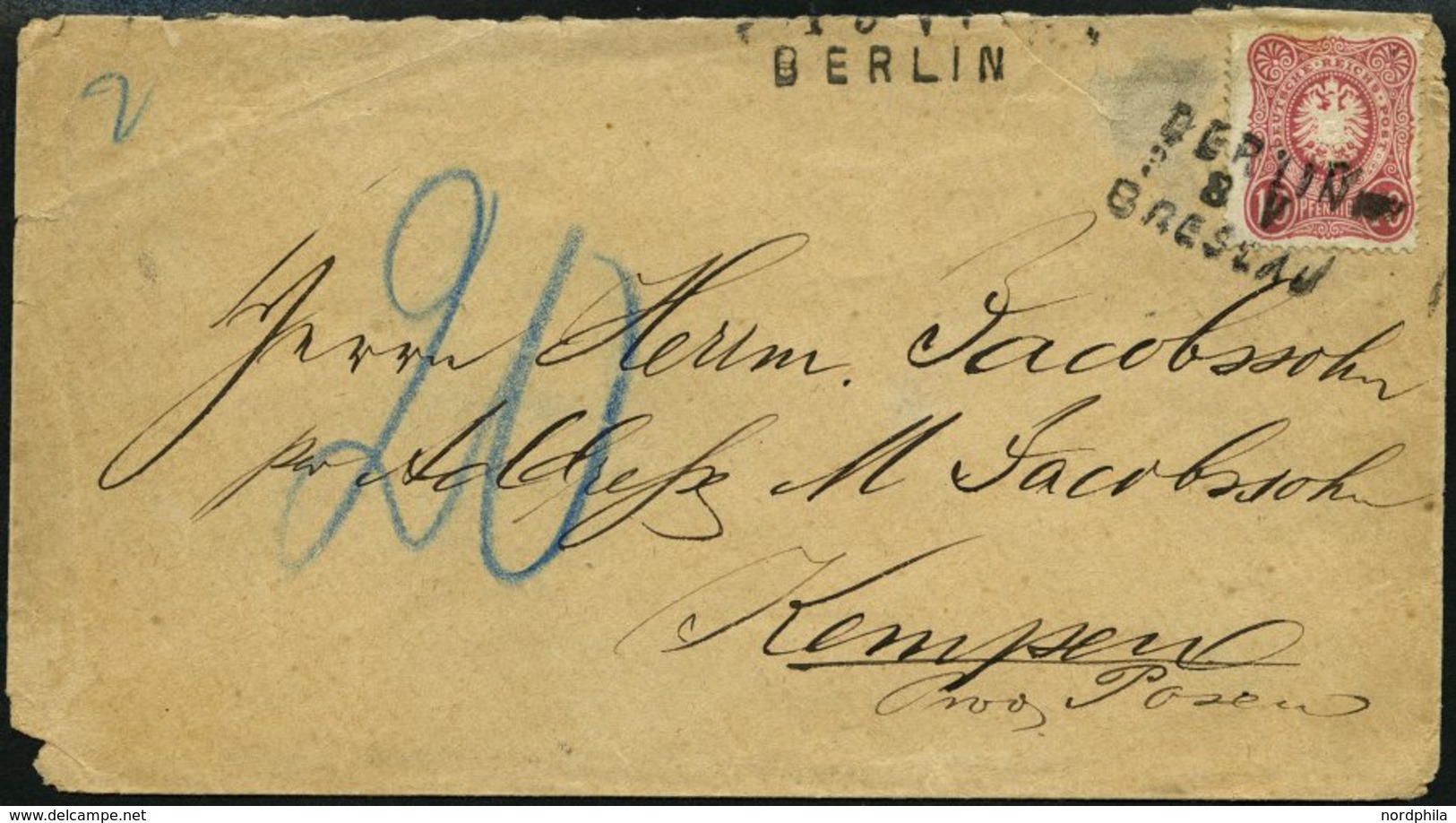 BAHNPOST DR 33 BRIEF, Berlin-Breslau, L3 Und Abgedeckter Bahnpoststempel BERLIN Auf Brief Mit 10 Pfe. Karmin Von 1881, F - Maschinenstempel (EMA)