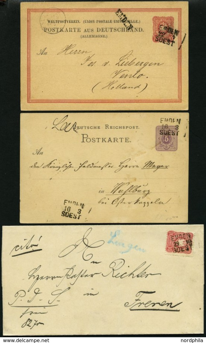 BAHNPOST DR 41 BRIEF, Emden-Soest, L3, 1879-1886, Auf 3 Ganzsachenkarten Und Einem Brief Mit 10 Pf. Karmin, Fast Nur Pra - Maschinenstempel (EMA)