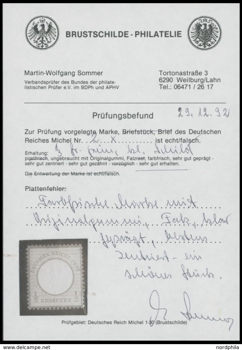 Dt. Reich 2a *, 1872, 1/3 Gr. Gelblichgrün, Falzrest, Farbfrisch, Kabinett, Gepr. Leonhard Und Fotobefund Sommer, Mi. (6 - Other & Unclassified