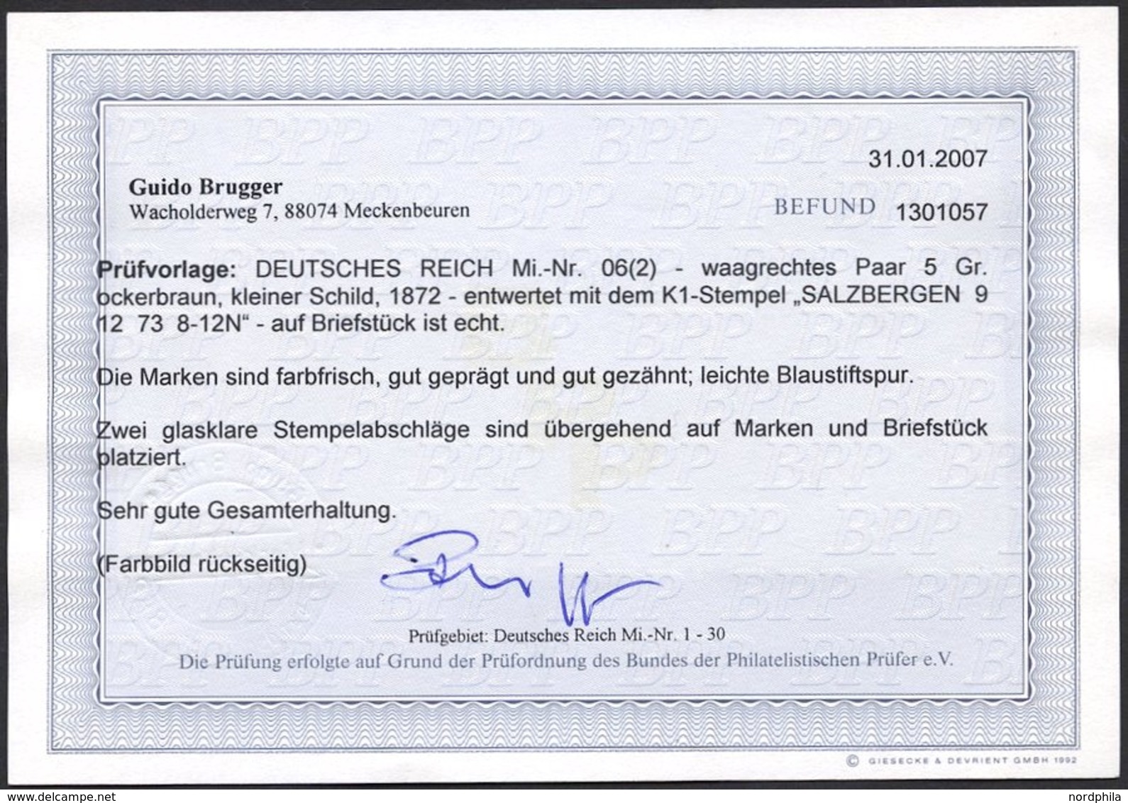 Dt. Reich 6 Paar BrfStk, 1872, 5 Gr. Ockerbraun Im Waagerechten Paar, K1 SALZBERGEN, Leichte Blaustiftspur, Prachtbriefs - Sonstige & Ohne Zuordnung