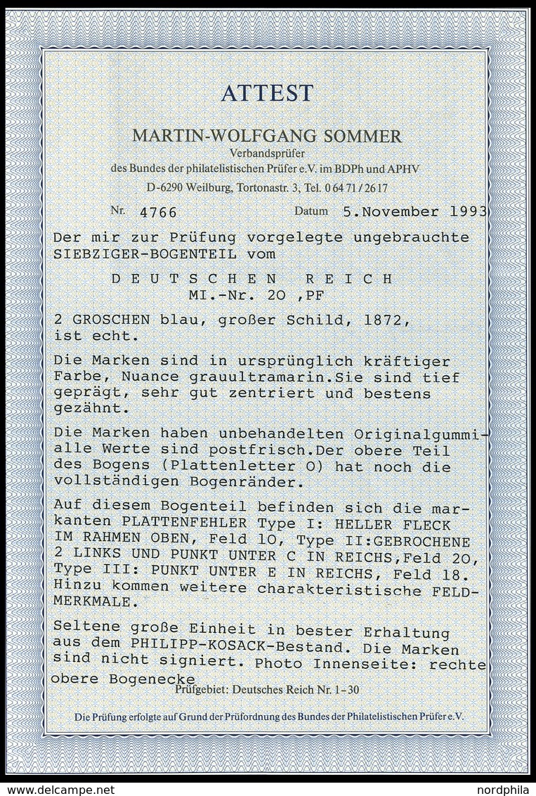 Dt. Reich 20 **, 1872, 2 Gr. Ultramarin Im Postfrischen Neunerblock Aus Der Rechten Oberen Bogenecke, Dabei Die Plattenf - Sonstige & Ohne Zuordnung