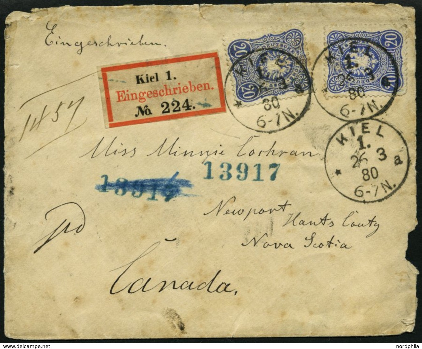 Dt. Reich 34a BRIEF, 1880, 20 Pfe. Ultramarin, 2x Auf Einschreibbrief Mit R-Zettel Von KIEL Nach Canada!, Feinst (divers - Gebraucht