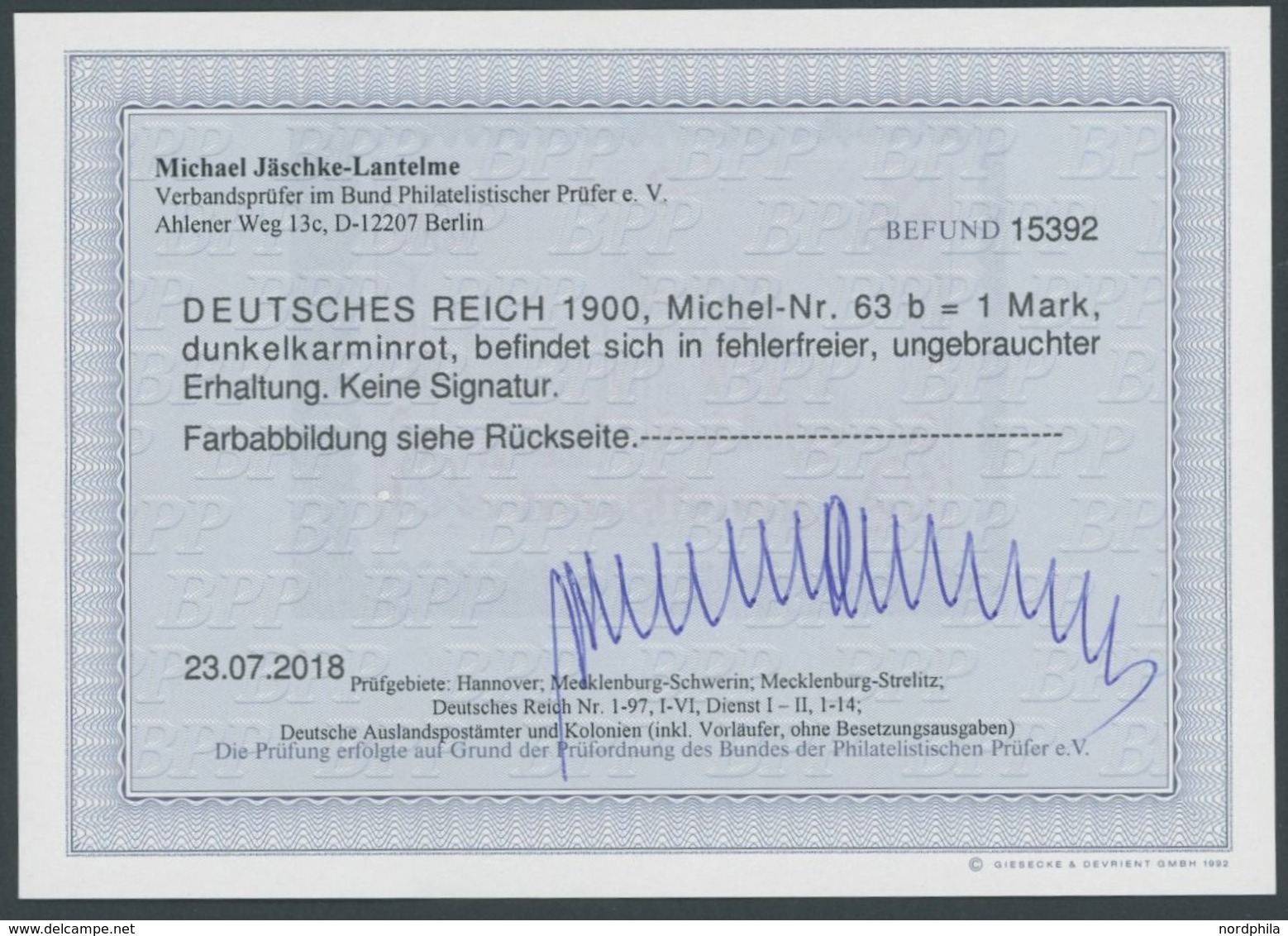 Dt. Reich 63b *, 1900, 1 M. Dunkelkarminrot Reichspost, Falzrest, Pracht, Fotobefund Jäschke-L., Mi. 400.- - Gebraucht