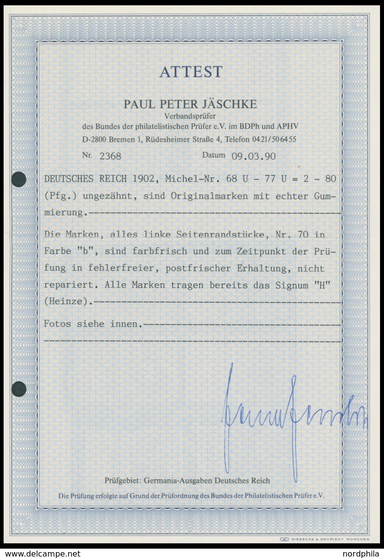 Dt. Reich 68-77U **, 1902, 2 - 80 Pf. Germania, Ohne Wz., Ungezähnt, Alle Einheitlich Mit Linkem Seitenrand, Postfrische - Gebraucht