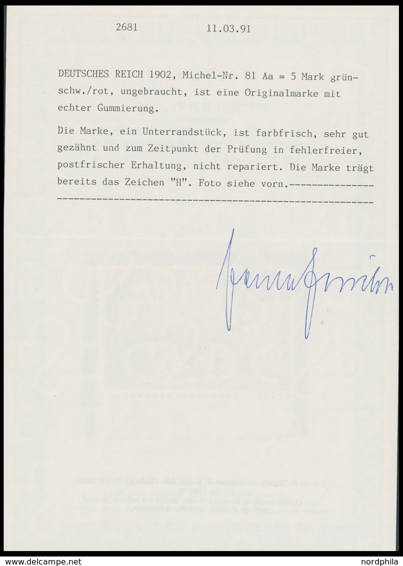 Dt. Reich 81Aa **, 1904, 5 M. Grünschwarz/dunkelkarmin, Gelblichrot Quarzend, Gezähnt A, Ohne Wz., Unterrandstück, Postf - Gebraucht