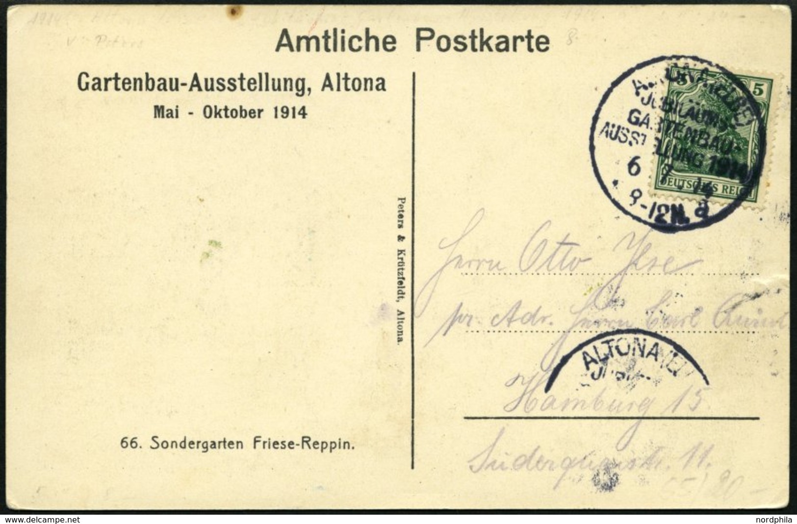 Dt. Reich 85I BRIEF, 1914, 5 Pf. Grün Friedensdruck Auf Sonderkarte Mit Sonderstempel ALTONA JUBILÄUMS GARTENBAU-AUSSTEL - Gebraucht