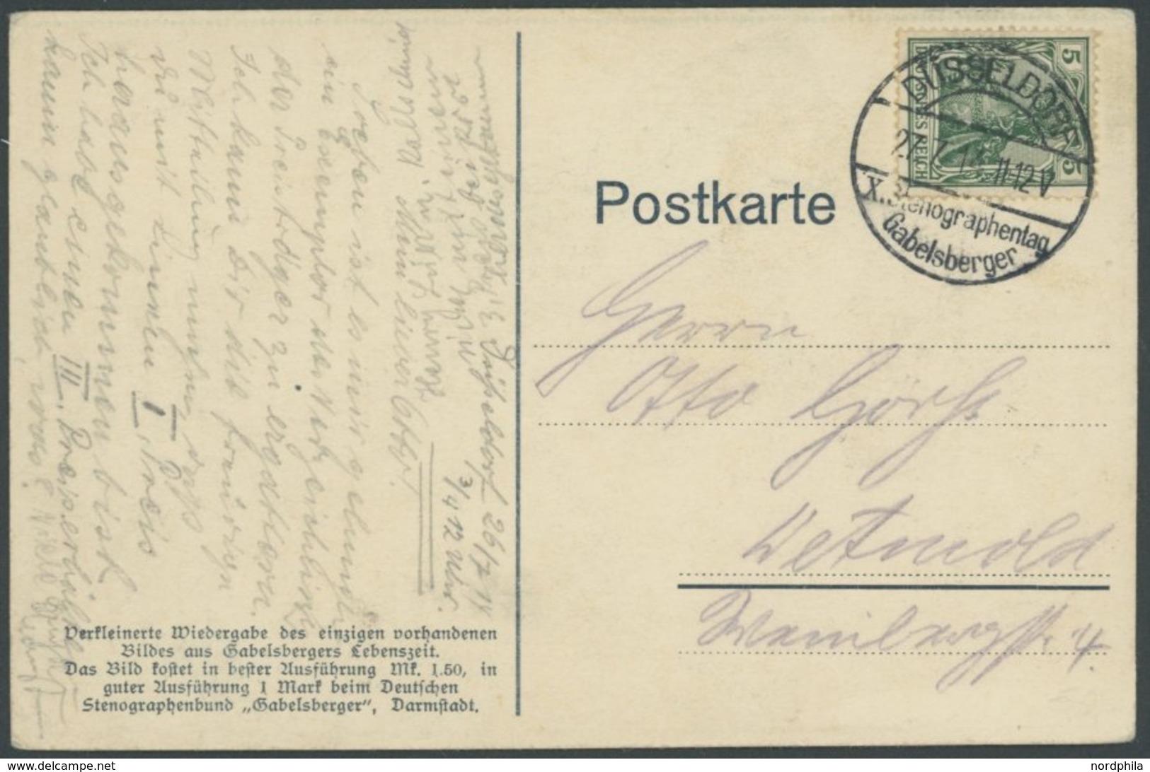 Dt. Reich 85II BRIEF, 1914, 5 Pf. Grün Kriegsdruck Auf Ansichtskarte Franz Xaver Gabelberger - Erfinder Der Deutschen St - Gebraucht