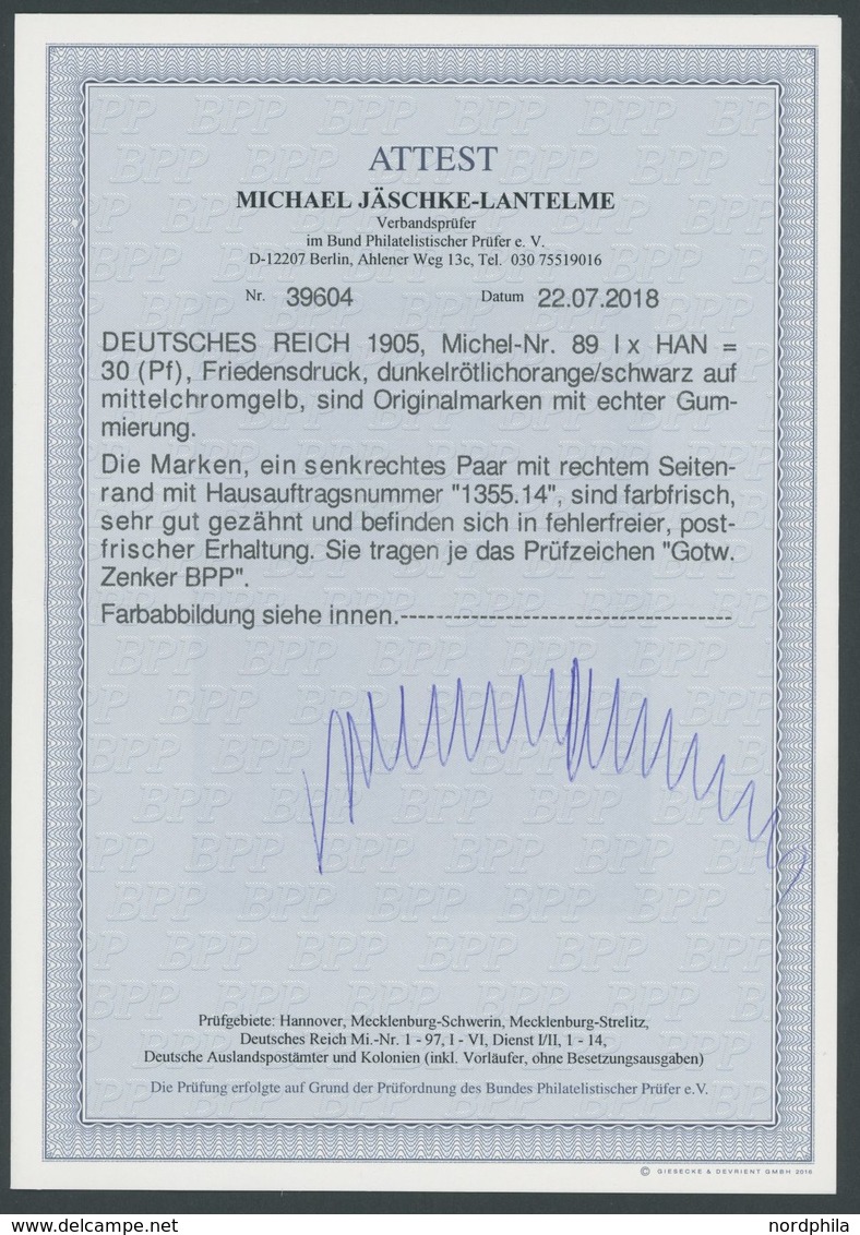 Dt. Reich 89Ix HAN **, 1905, 30 Pf. Rötlichorange/schwarz Auf Chromgelb Friedensdruck Im Senkrechten Paar Mit HAN H 1355 - Gebraucht