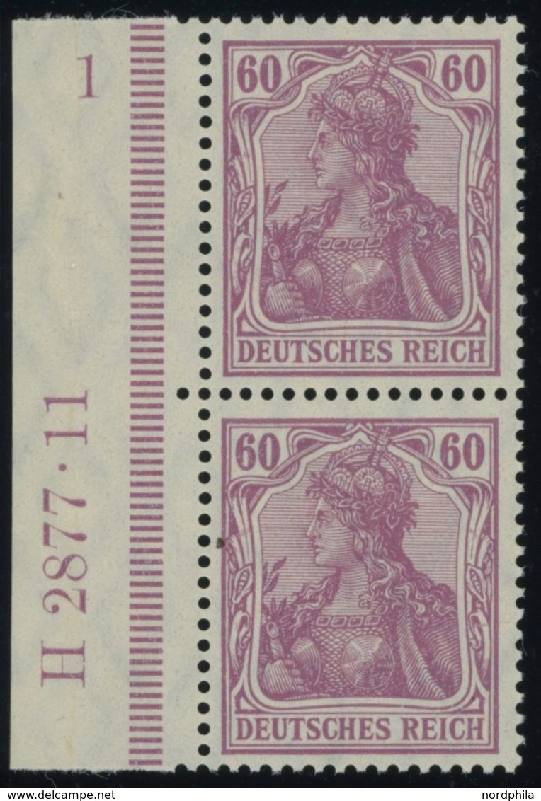 Dt. Reich 92I HAN Paar **, 1911, 60 Pf. Graulila Friedensdruck Im Senkrechten HAN-Paar H 2877.11 Und Plattennummer 1, Po - Used Stamps