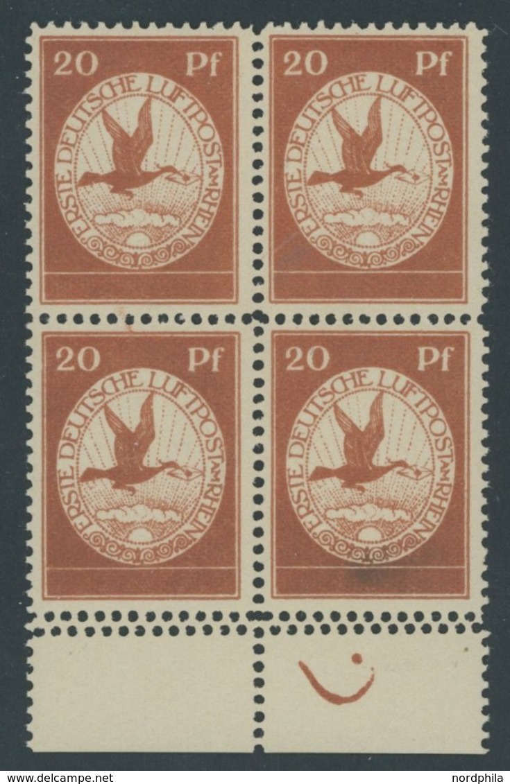 Dt. Reich II VB **, 1912, 20 Pf. Flugpost Am Rhein Und Rhein Im Unterrandviererblock Mit Plattennagel Im Rechten Rand Un - Gebraucht