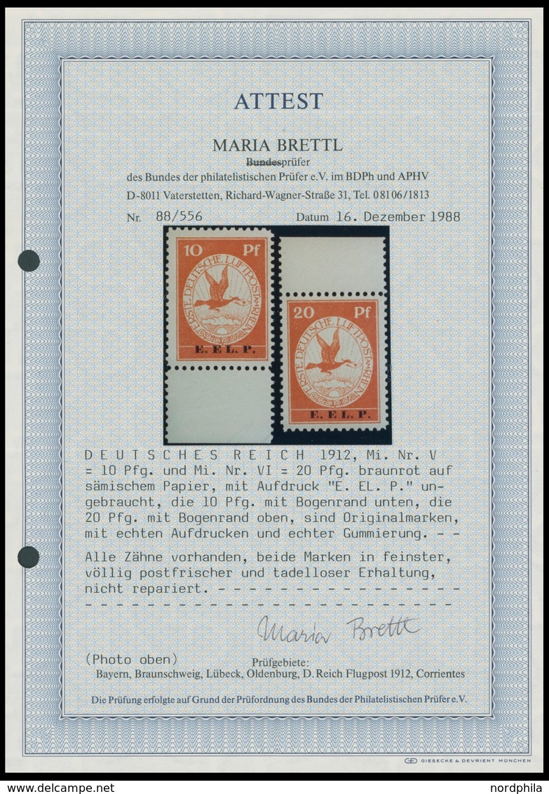 Dt. Reich V/VI **, 1912, 10 Und 20 Pf. E.EL.P., 2 Postfrische Randstücke, Pracht, Fotoattest Brettl, Mi. 2450.- - Gebraucht