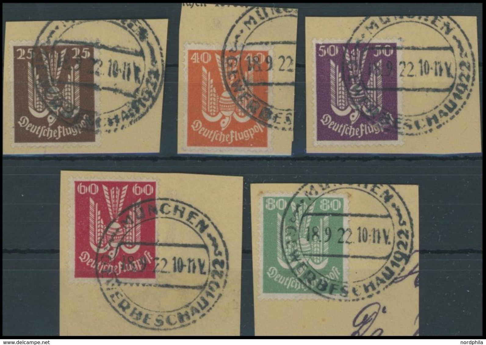 Dt. Reich 210-14 BrfStk, 1922, 25 - 80 Pf. Holztaube Auf Briefstücken Mit Sonderstempel MÜNCHEN GEWERBESCHAU, Fast Nur P - Sonstige & Ohne Zuordnung