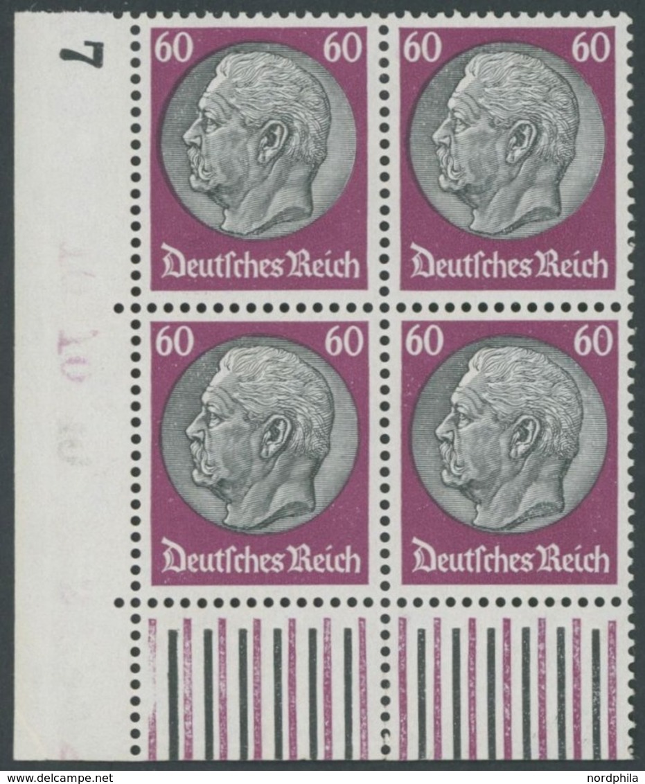 Dt. Reich 493 VB **, 1933, 60 Pf. Hindenburg, Wz. 2, Im Linken Unteren Eckrandviererblock, Postfrisch, Pracht, Mi. (1040 - Sonstige & Ohne Zuordnung