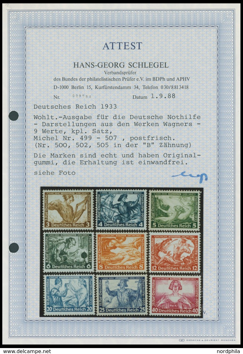 Dt. Reich 499-507 **, 1933, Wagner, Postfrischer Prachtsatz, Unsigniert, Fotoattest H.G.Schlegel: Die Erhaltung Ist Einw - Sonstige & Ohne Zuordnung