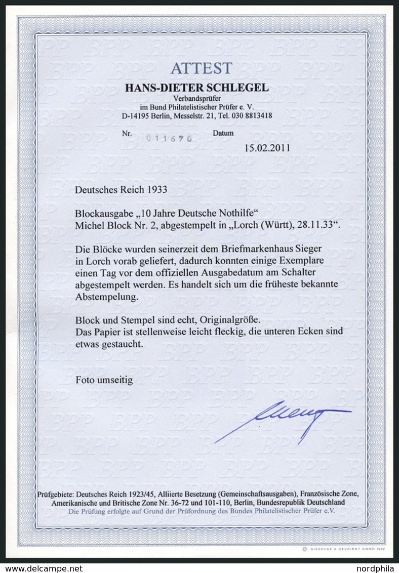 Dt. Reich Bl. 2 O, 1933, Block Nothilfe, Originalgröße, Stempel LORCH 28.11.33 (früheste Bekannte Abstempelung!), Ränder - Sonstige & Ohne Zuordnung