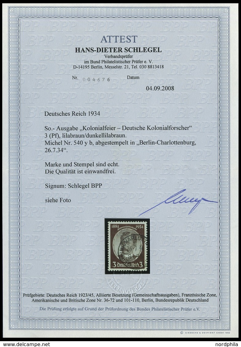 Dt. Reich 540yb O, 1934, 3 Pf. Dunkelrötlichbraun Lüderitz, Pracht, Fotoattest H.D. Schlegel, Mi. (600.-) - Sonstige & Ohne Zuordnung