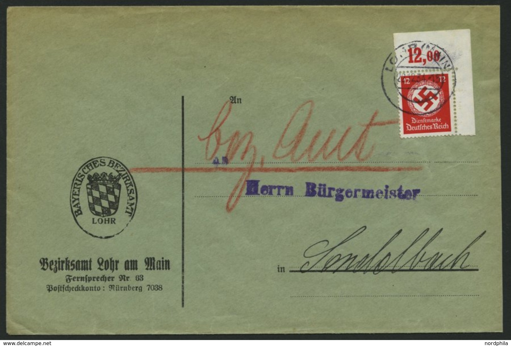 DIENSTMARKEN D 138aP BRIEF, 1934, 12 Pf. Schwarzrosa, Mit Wz., Plattendruck, Aus Der Rechten Oberen Bogenecke, Nicht Dur - Dienstmarken