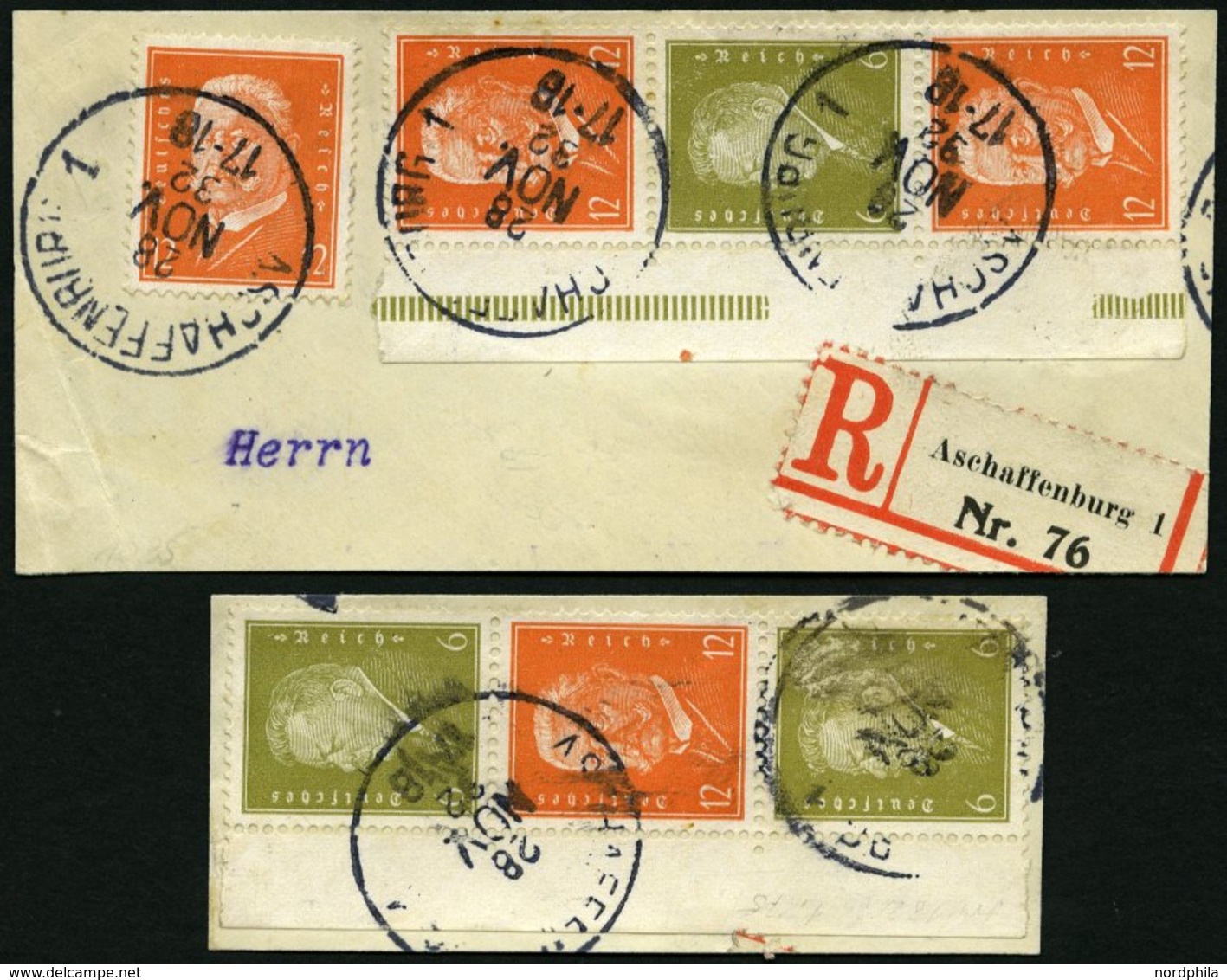 ZUSAMMENDRUCKE S 47,49 BrfStk, 1932, Reichspräsidenten 6 + 12 + 6 Und 12 + 6 + 12, 2 Bedarfsbriefstücke, Feinst, Mi. 300 - Zusammendrucke