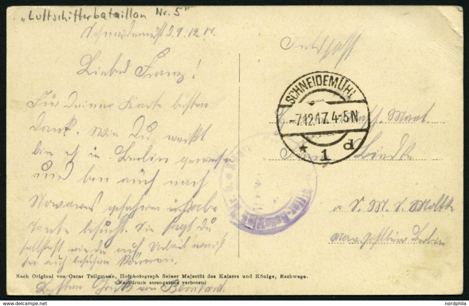 ZEPPELINPOST - MILITÄRLUFTSCHIFFAHRT 1917, LUFTSCHIFFERBATAILLON Nr. 5, Violetter Briefstempel Auf Karte Aus SCHNEIDEMÜH - Luft- Und Zeppelinpost