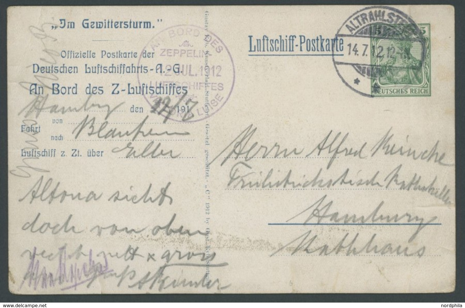 ZEPPELINPOST 3x BRIEF, 12.7.1912, Luftschiff Viktoria Luise, Hamburg-Rundfahrt, Bordpost, Luftschiff-Postkarte Mit Einge - Zeppeline