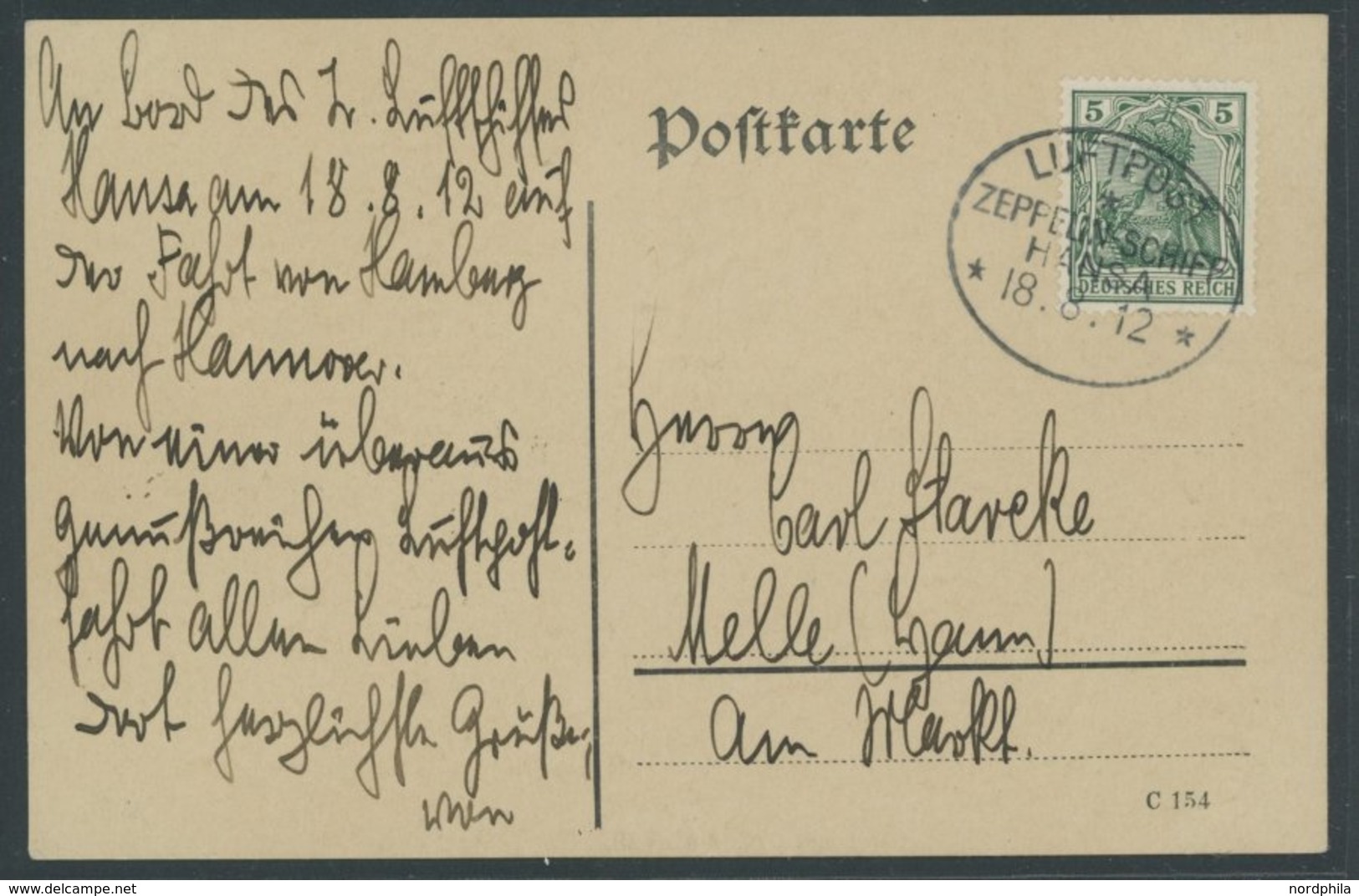 ZEPPELINPOST 6I BRIEF, 1912, Luftschiff Hansa, Fahrt Hamburg-Hannover Vom 18.8.1912, Mit Bordpoststempel In Type I Auf S - Zeppeline