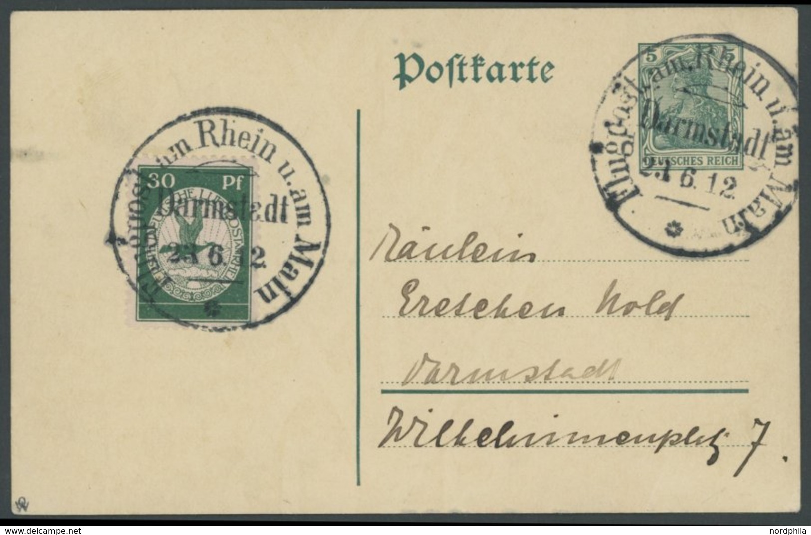 ZEPPELINPOST 12 BRIEF, 1912, 30 Pf. Flp. Auf Rhein Und Main Mit Seltener Letzttag-Einzelverwendung Auf 5 Pf. Ganzsachenk - Zeppeline