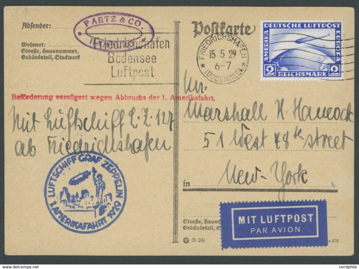 ZEPPELINPOST 26A BRIEF, 1929, Amerikafahrt, Auflieferung Friedrichshafen, Mit Seltenem Maschinenstempel Fahne Beidseitig - Zeppeline