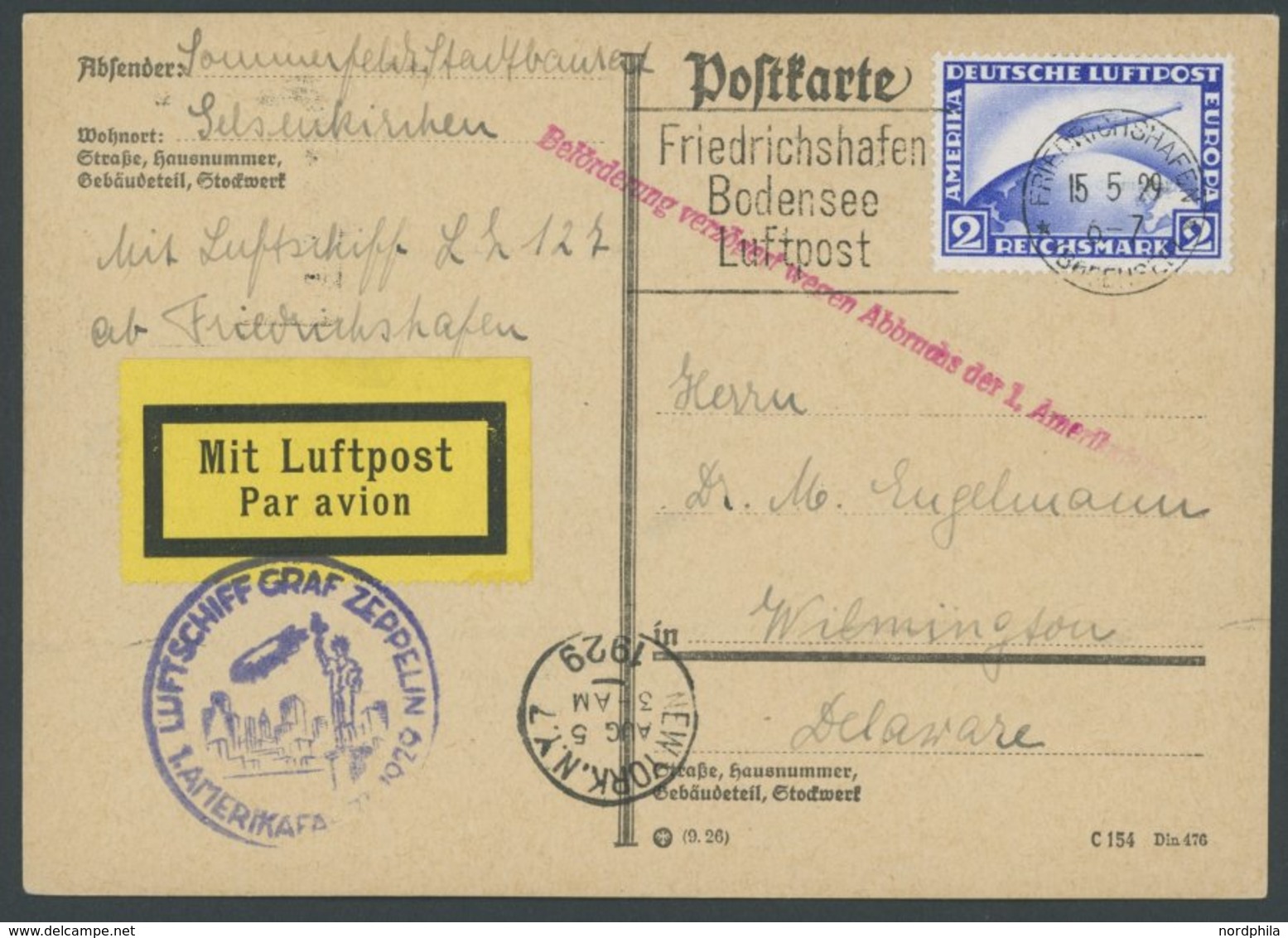 ZEPPELINPOST 26A BRIEF, 1929, Amerikafahrt, Auflieferung Friedrichshafen, Mit Maschinenstempel Linke Fahne, Vezögerungss - Zeppeline