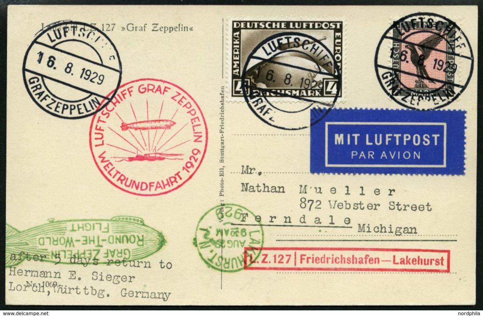 ZEPPELINPOST 30Bc BRIEF, 1929, Weltrundfahrt, Bordpost, Fr`hafen-Lakehurst, Frankiert Mit 4 RM, Prachtkarte - Zeppeline