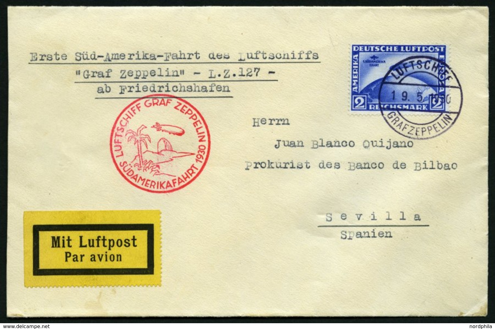 ZEPPELINPOST 57A BRIEF, 1930, Südamerikafahrt, Bordpost, Fr`hafen-Sevilla, Prachtbrief - Zeppeline