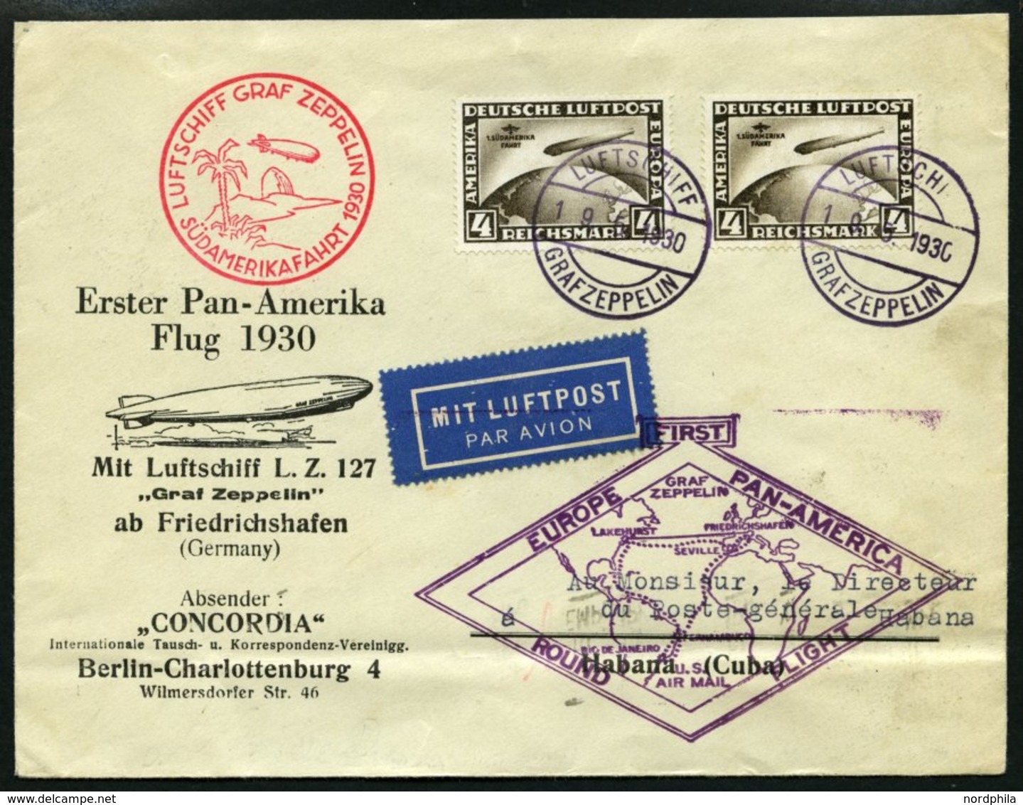 ZEPPELINPOST 57FF BRIEF, 1930, Südamerikafahrt, Bordpost, Post Nach Habana/Cuba, Prachtbrief - Zeppeline