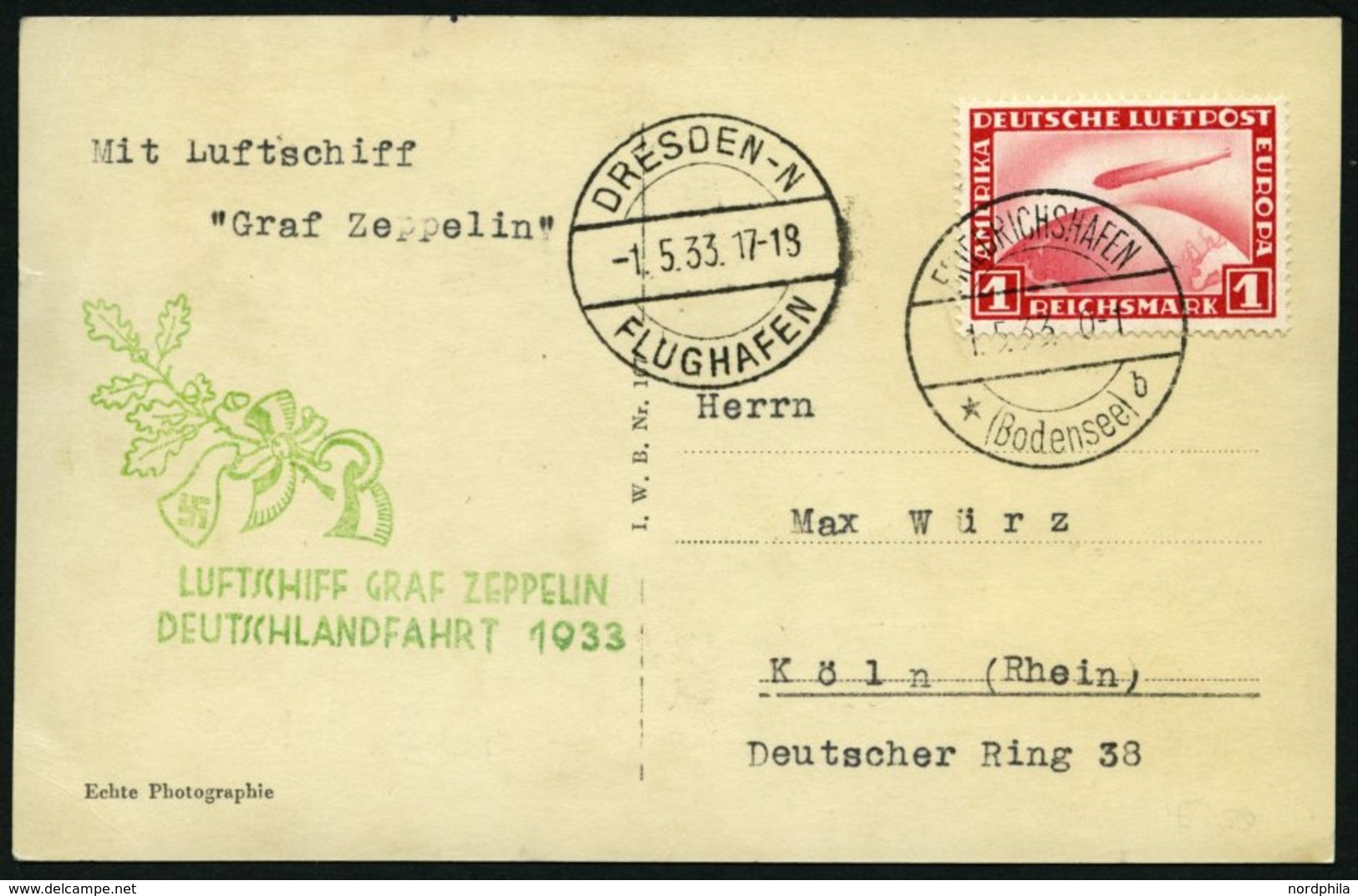 ZEPPELINPOST 201Aa BRIEF, 1933, Deutschlandfahrt, Auflieferung Fr`hafen, Abwurf Dresden, Prachtkarte - Zeppelins
